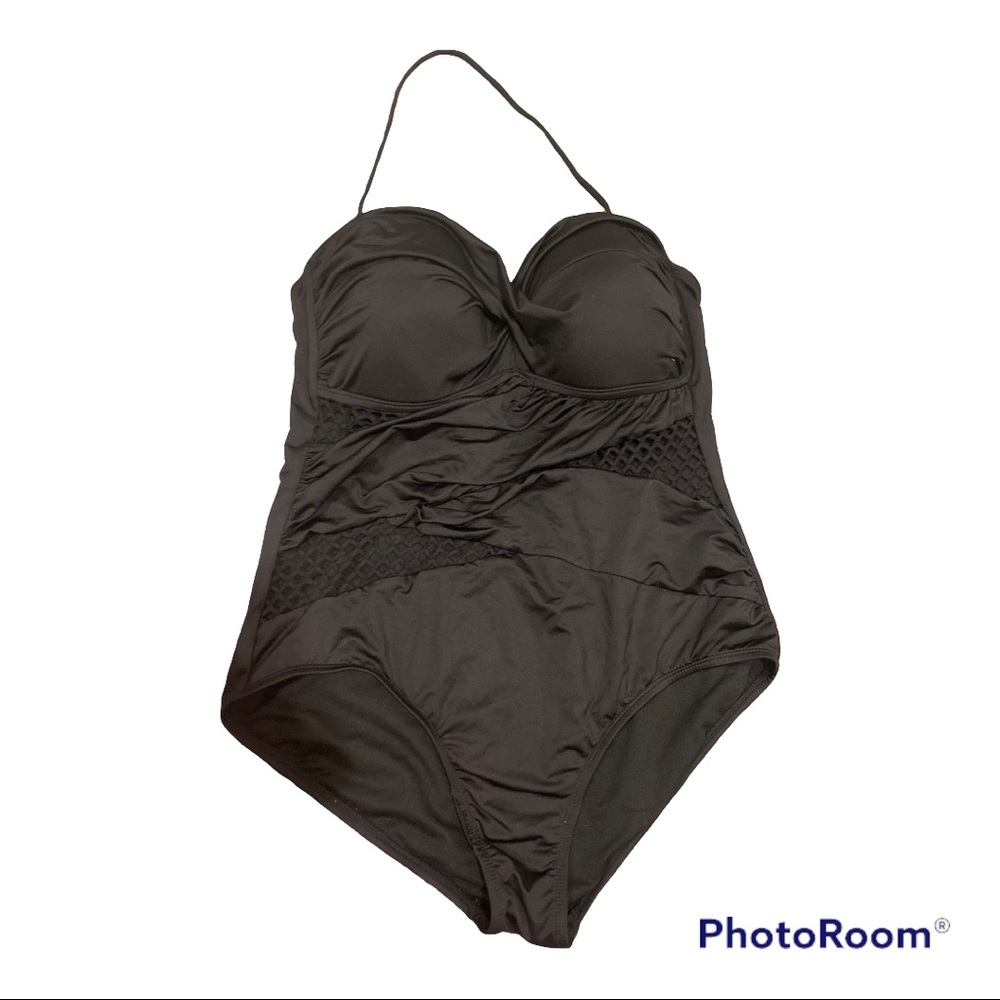 APT. 9 BLACK ONE PEICE HALTER FISHNET SEXY PADDED BATHING SUIT SWIM - 1X